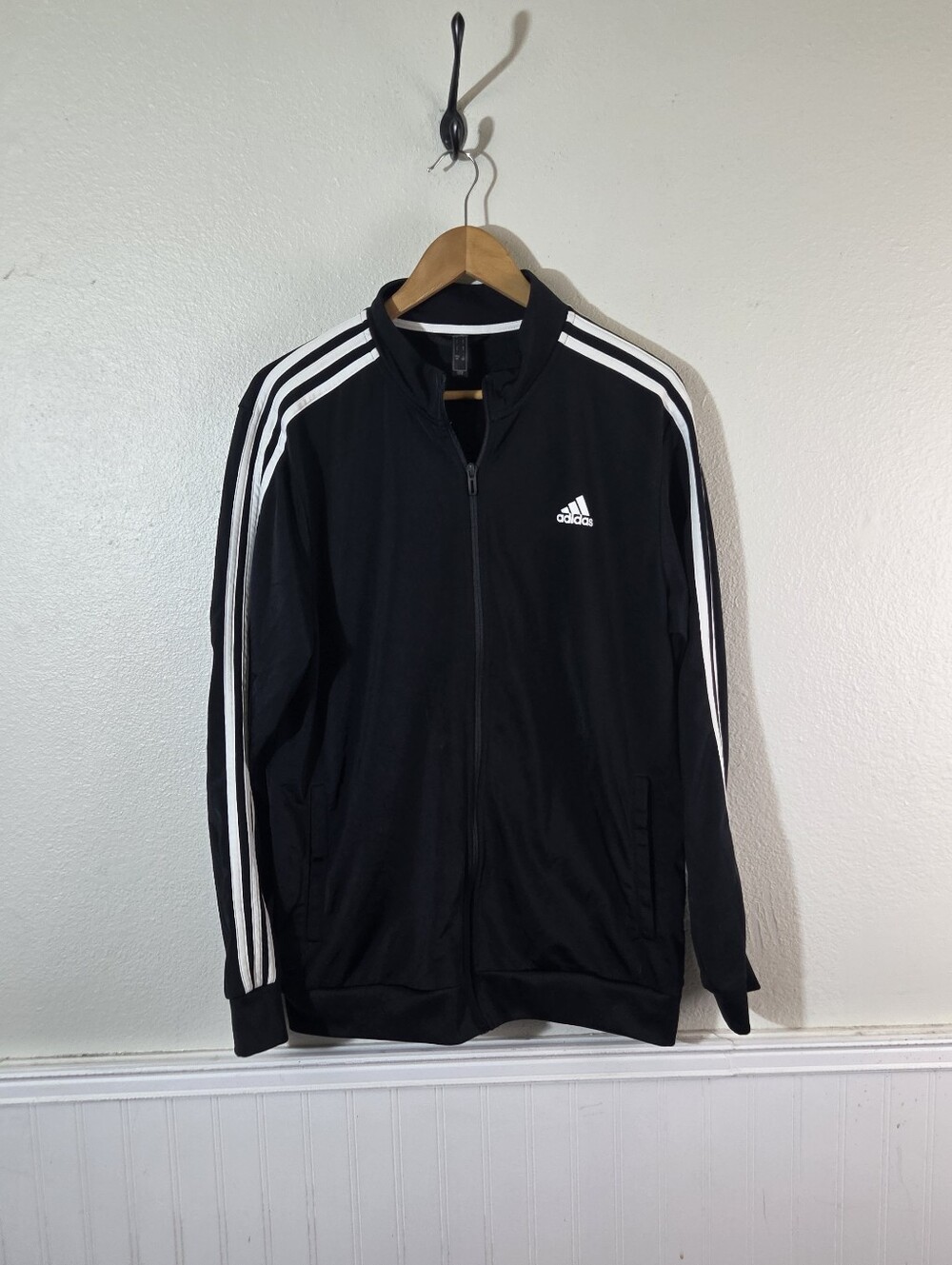 Adidas Mens Large Black Track Jacket Full Zip 3 Stripe Primegreen Athletic